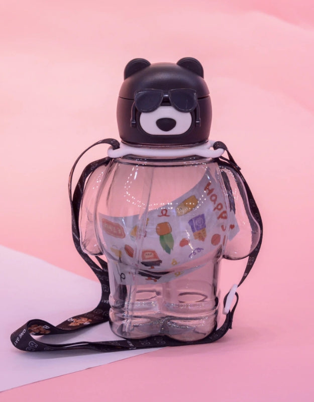 Black bear-shaped water bottle with dark sunglasses and black strap, 850ml.